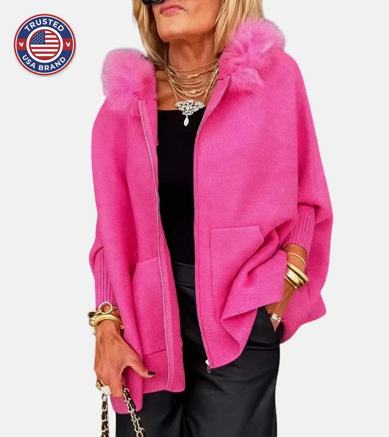 Women's knit zip-up winter fur cape with front patch pockets