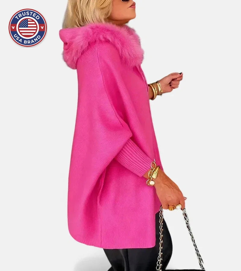 Women's knit zip-up winter fur cape with front patch pockets