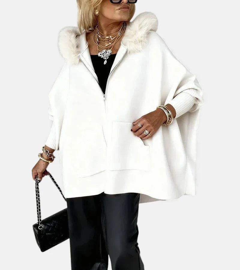 Women's knit zip-up winter fur cape with front patch pockets