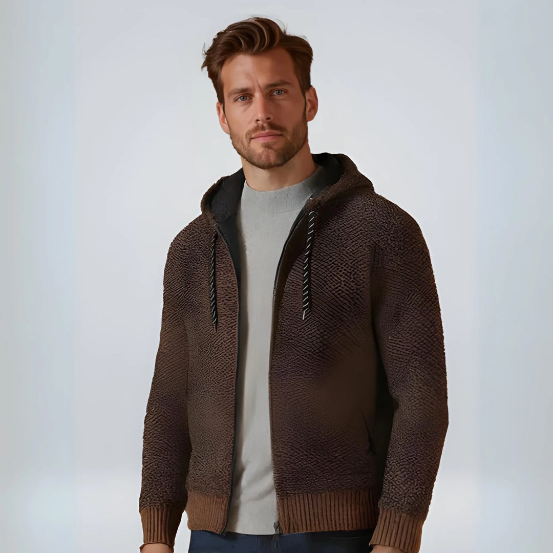 Women's knit zip-up hooded winter cardigan with fuzzy lined
