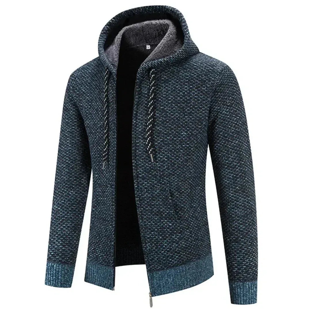 Women's knit zip-up hooded winter cardigan with fuzzy lined