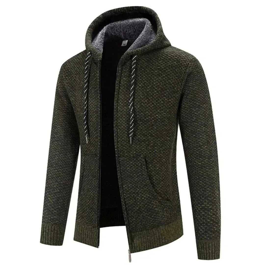 Women's knit zip-up hooded winter cardigan with fuzzy lined