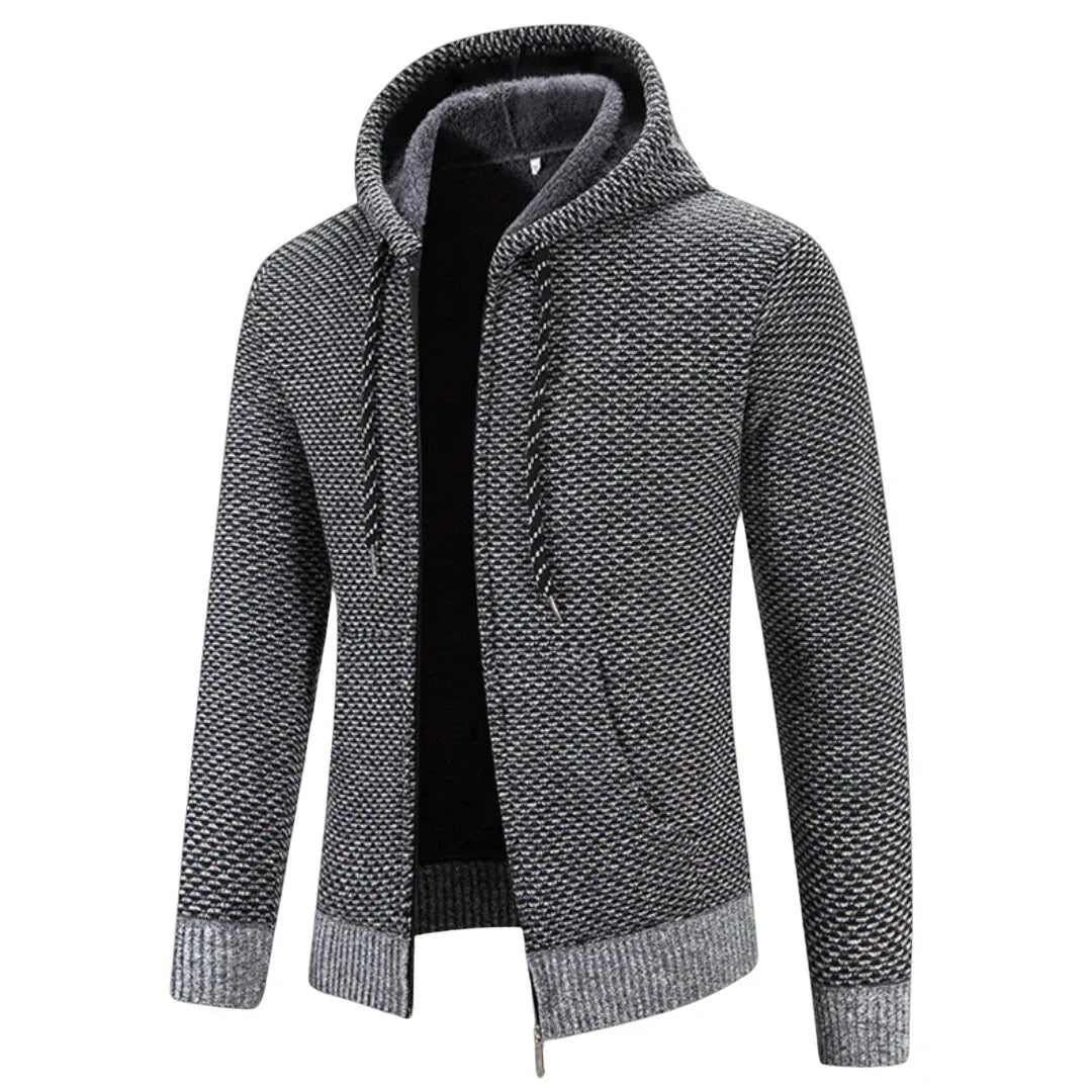 Women's knit zip-up hooded winter cardigan with fuzzy lined