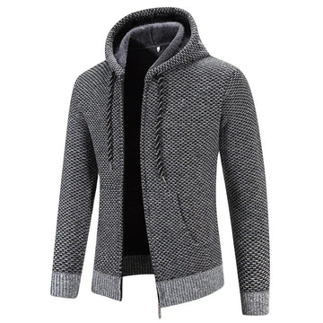 Women's knit zip-up hooded winter cardigan with fuzzy lined