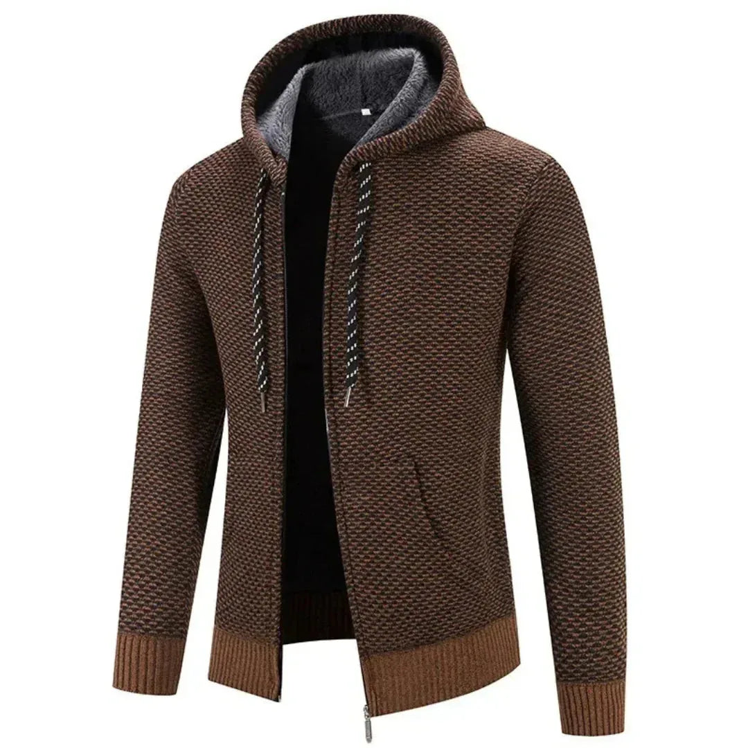 Women's knit zip-up hooded winter cardigan with fuzzy lined