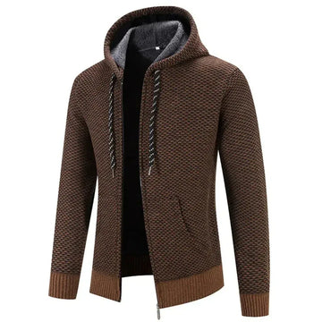 Women's knit zip-up hooded winter cardigan with fuzzy lined