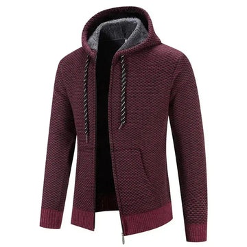Women's knit zip-up hooded winter cardigan with fuzzy lined