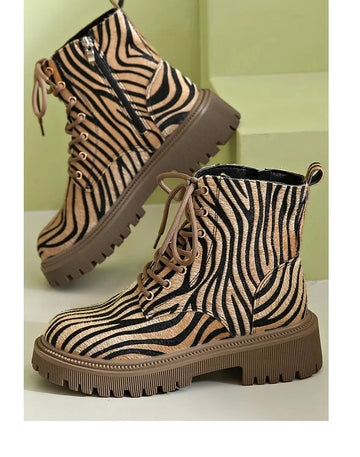 Women's lace-up combat winter boots with zebra print