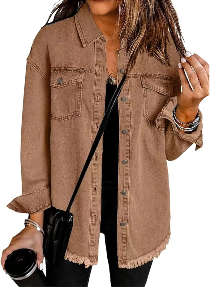 Women's longline button-front collared winter denim jacket with frayed hem