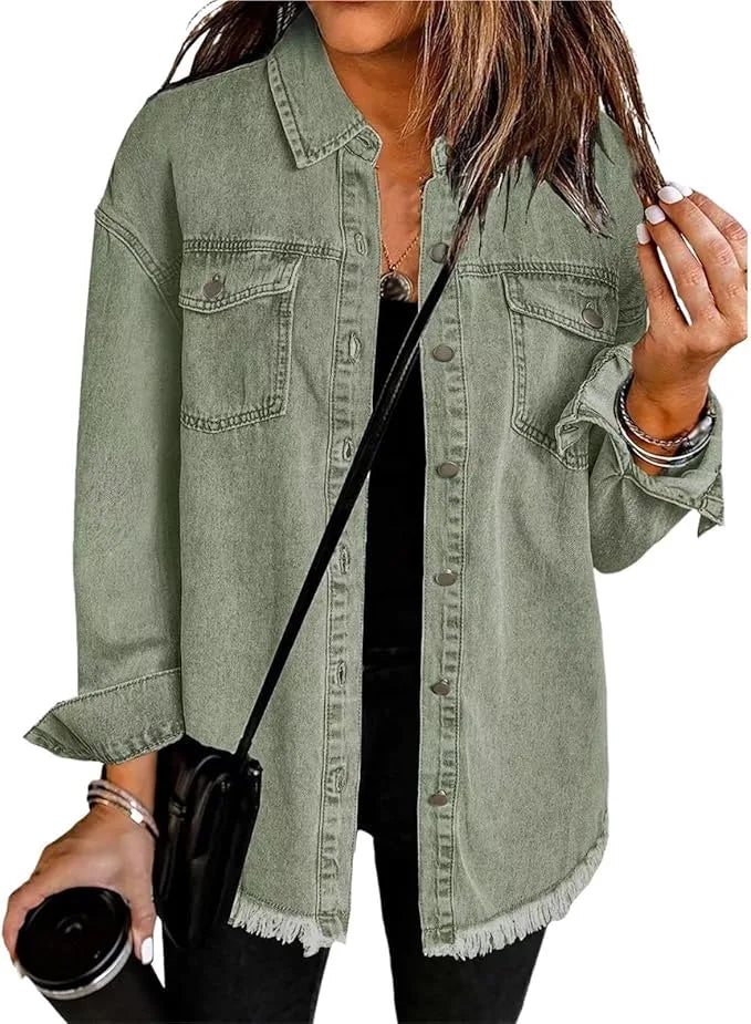 Women's longline button-front collared winter denim jacket with frayed hem
