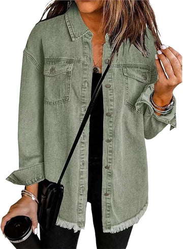 Women's longline button-front collared winter denim jacket with frayed hem
