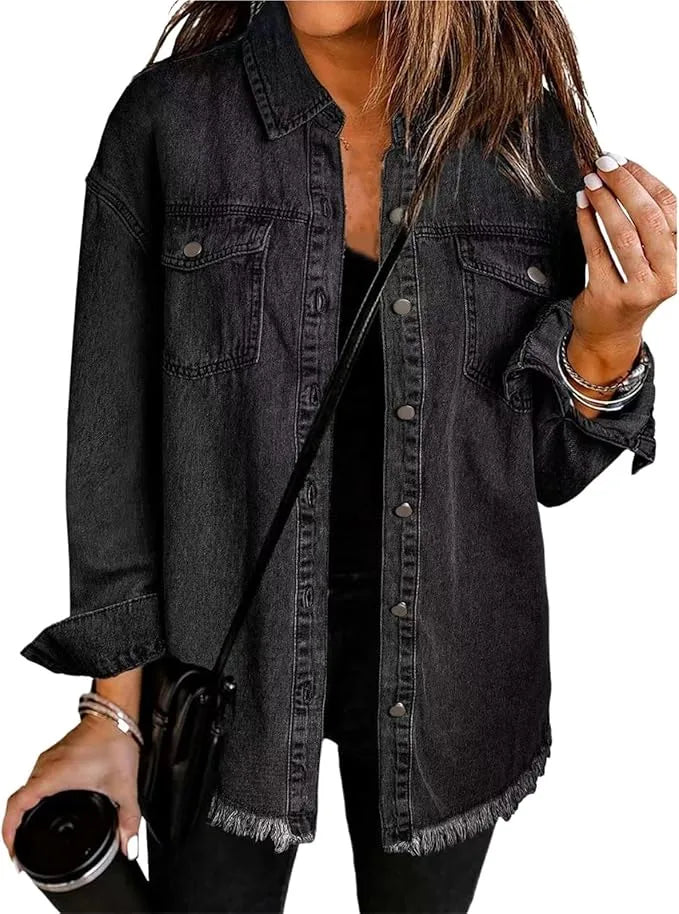 Women's longline button-front collared winter denim jacket with frayed hem