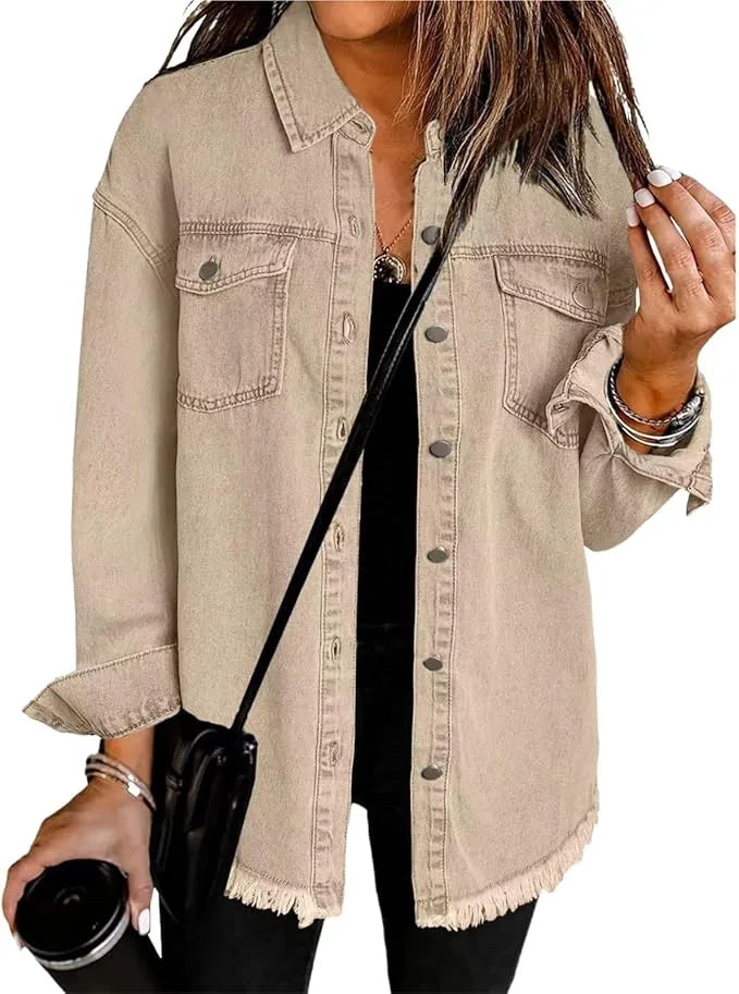 Women's longline button-front collared winter denim jacket with frayed hem