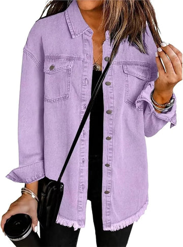 Women's longline button-front collared winter denim jacket with frayed hem