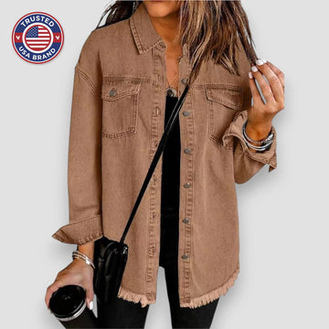 Women's longline button-front collared winter denim jacket with frayed hem