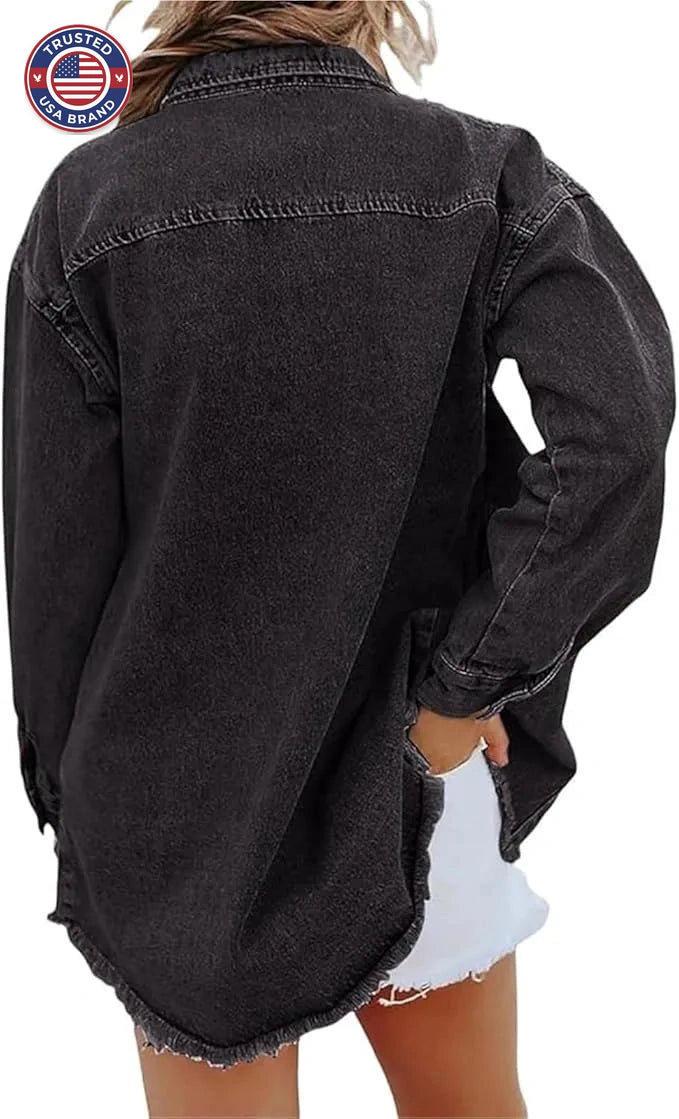 Women's longline button-front collared winter denim jacket with frayed hem