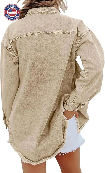 Women's longline button-front collared winter denim jacket with frayed hem