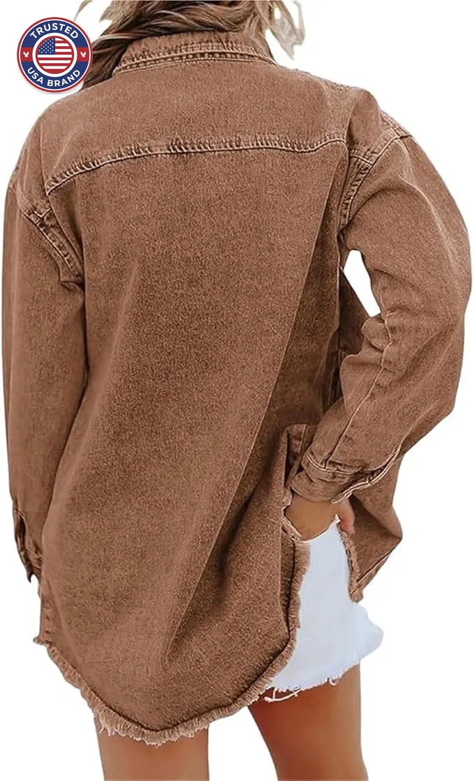 Women's longline button-front collared winter denim jacket with frayed hem
