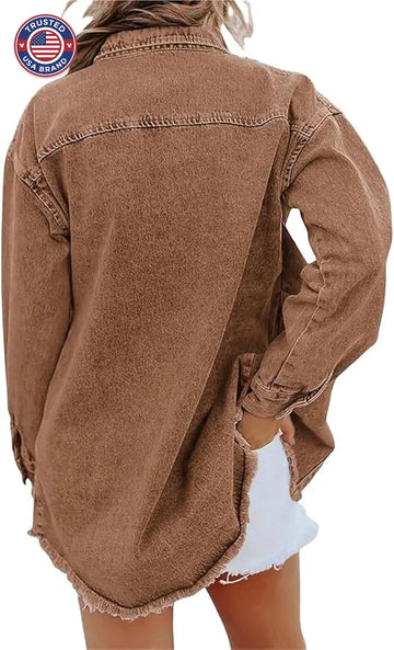 Women's longline button-front collared winter denim jacket with frayed hem