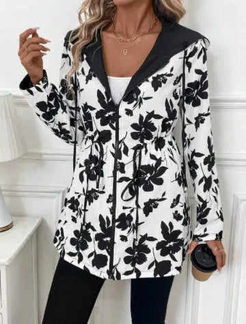 Women's longline zip-up hooded winter parka with drawstring waist