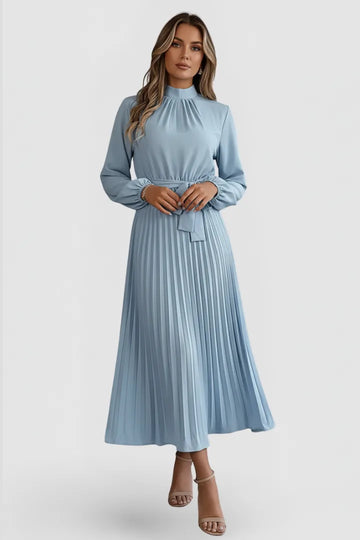 Women's Mock Neck Long Sleeve Pleated Winter Midi Dress
