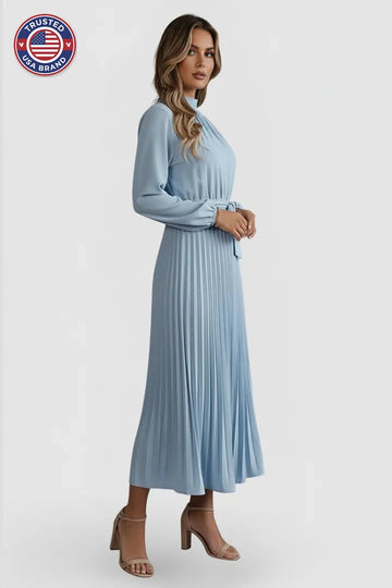 Women's Mock Neck Long Sleeve Pleated Winter Midi Dress