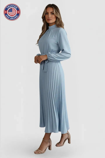 Women's Mock Neck Long Sleeve Pleated Winter Midi Dress
