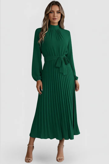 Women's Mock Neck Long Sleeve Pleated Winter Midi Dress