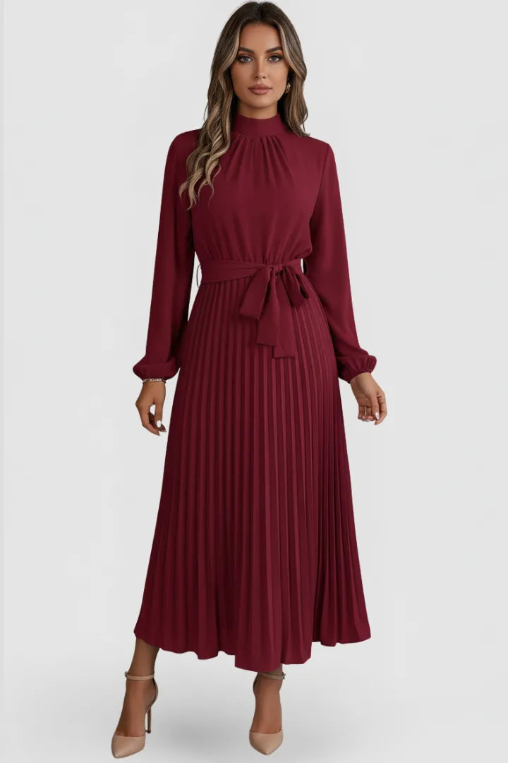 Women's Mock Neck Long Sleeve Pleated Winter Midi Dress