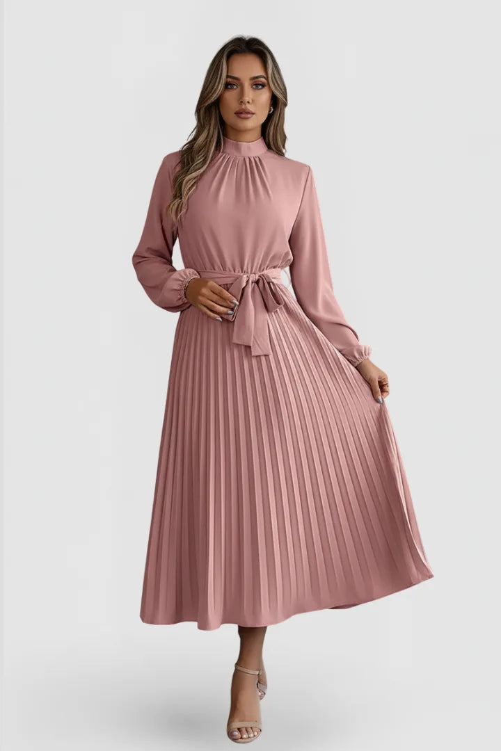 Women's Mock Neck Long Sleeve Pleated Winter Midi Dress