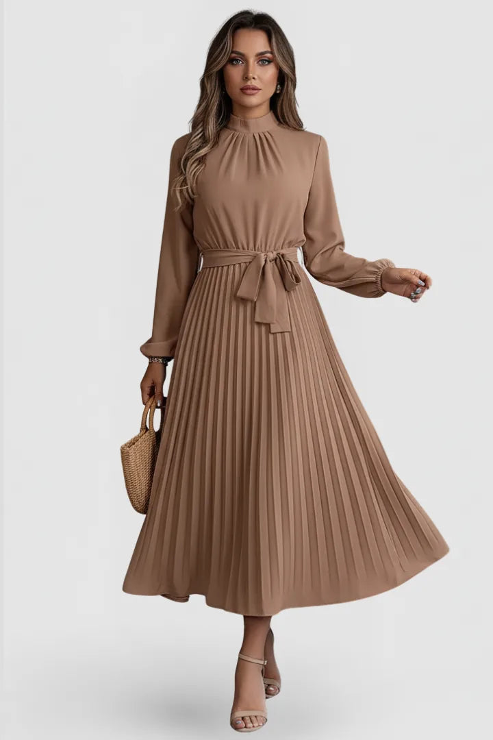 Women's Mock Neck Long Sleeve Pleated Winter Midi Dress