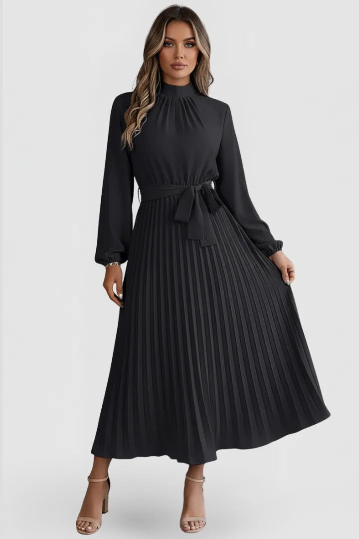 Women's Mock Neck Long Sleeve Pleated Winter Midi Dress
