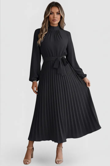 Women's Mock Neck Long Sleeve Pleated Winter Midi Dress