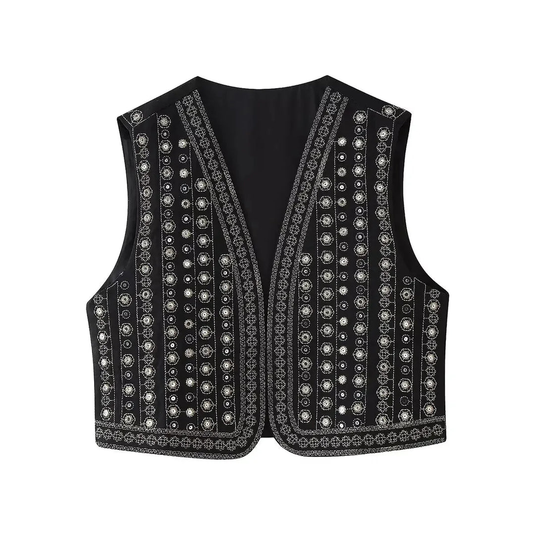 Women's open-front v-neck winter top with mirror work embroidery