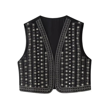 Women's open-front v-neck winter top with mirror work embroidery