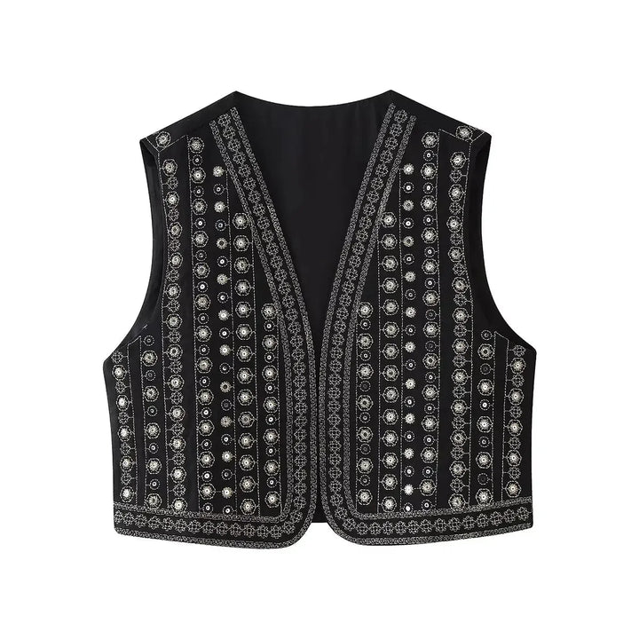 Women's open-front v-neck winter top with mirror work embroidery