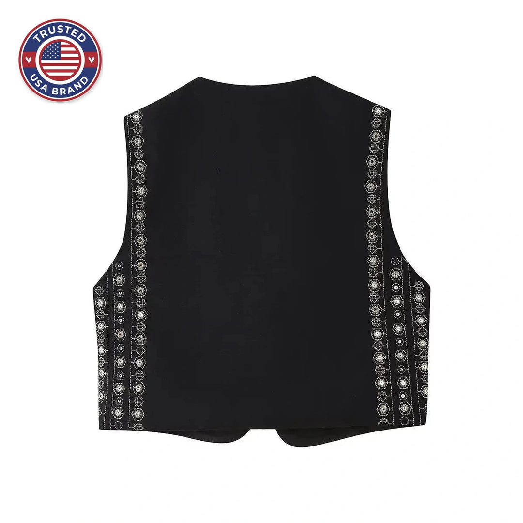 Women's open-front v-neck winter top with mirror work embroidery