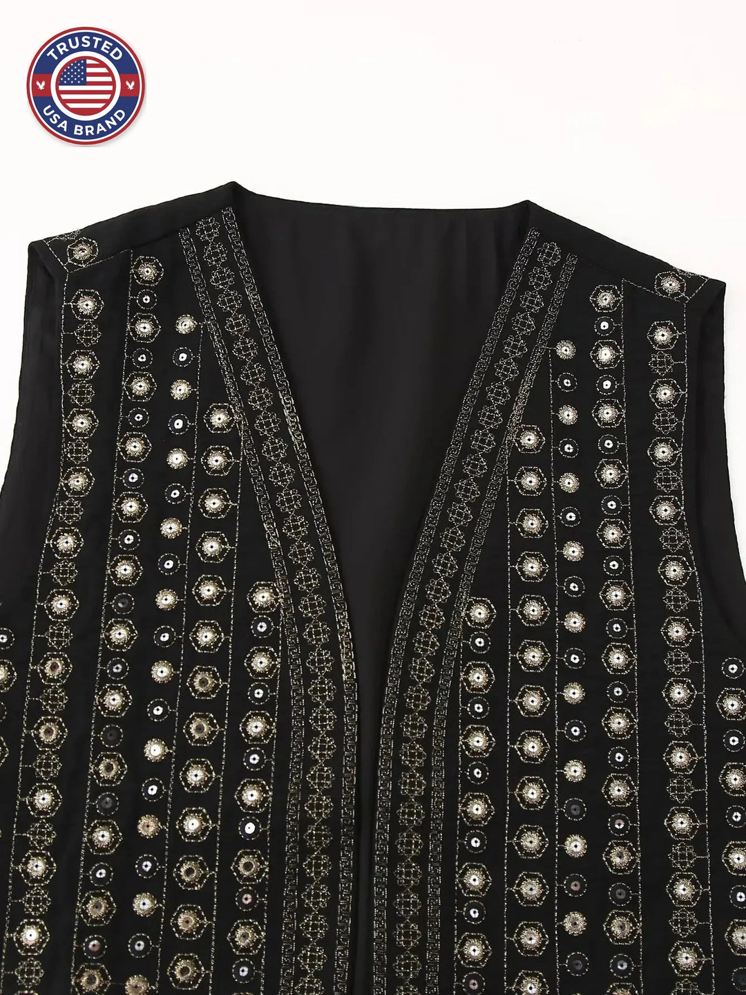 Women's open-front v-neck winter top with mirror work embroidery