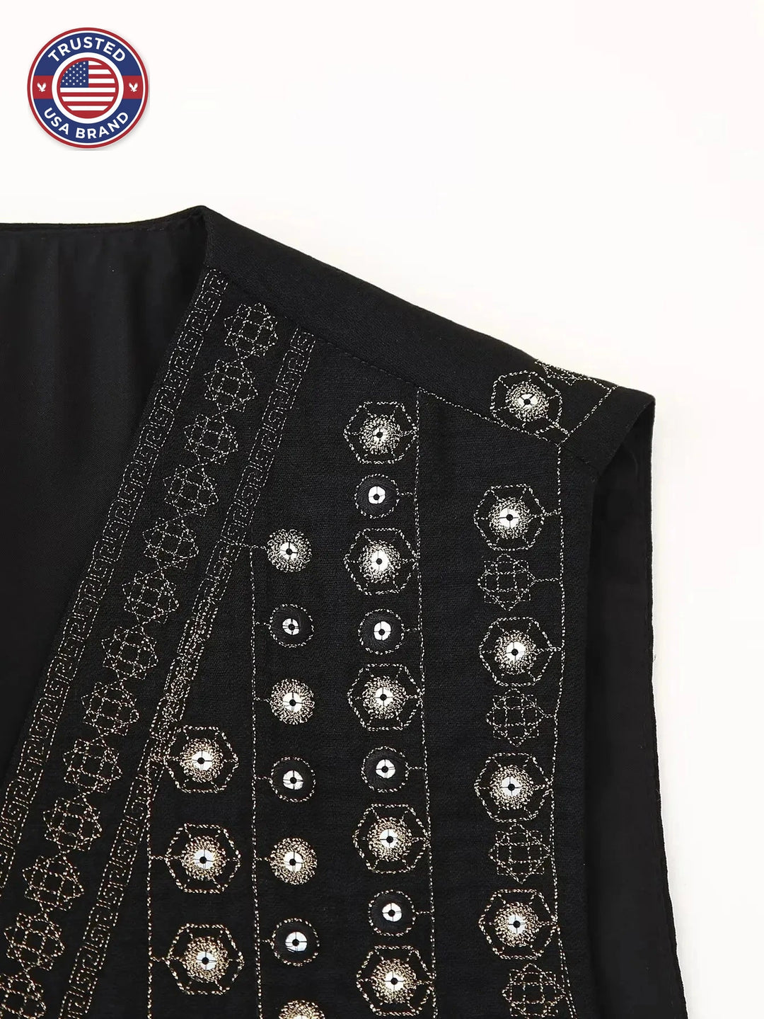 Women's open-front v-neck winter top with mirror work embroidery