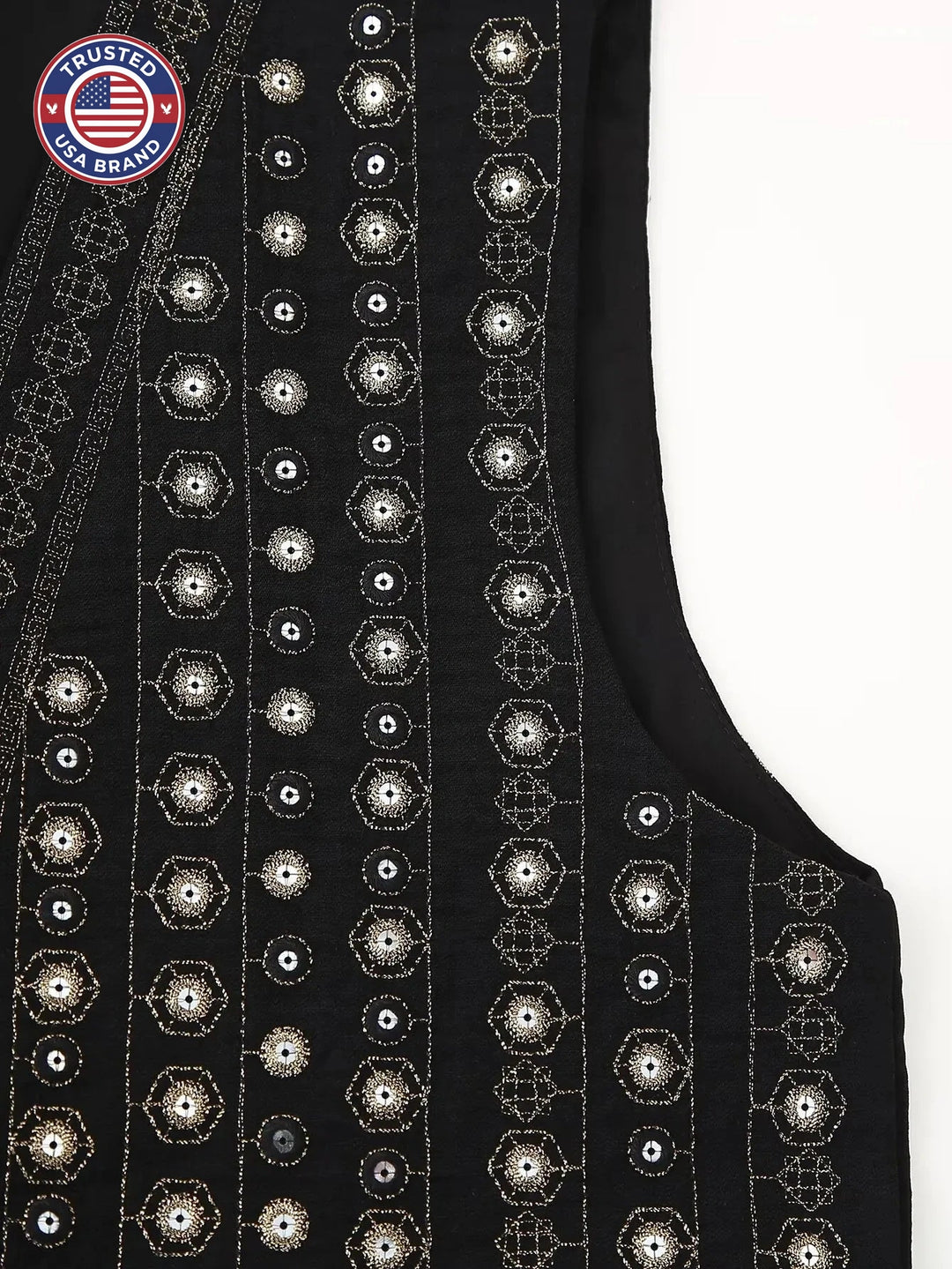 Women's open-front v-neck winter top with mirror work embroidery