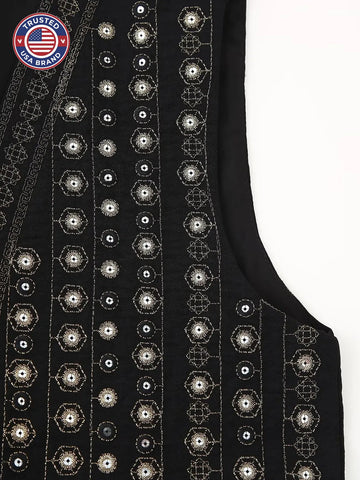 Women's open-front v-neck winter top with mirror work embroidery