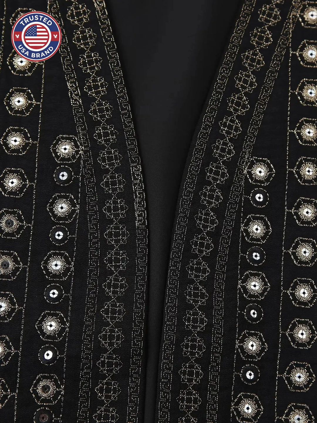 Women's open-front v-neck winter top with mirror work embroidery