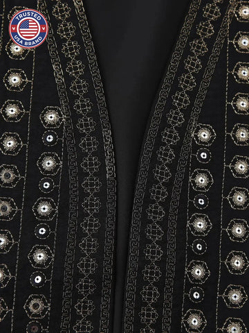 Women's open-front v-neck winter top with mirror work embroidery