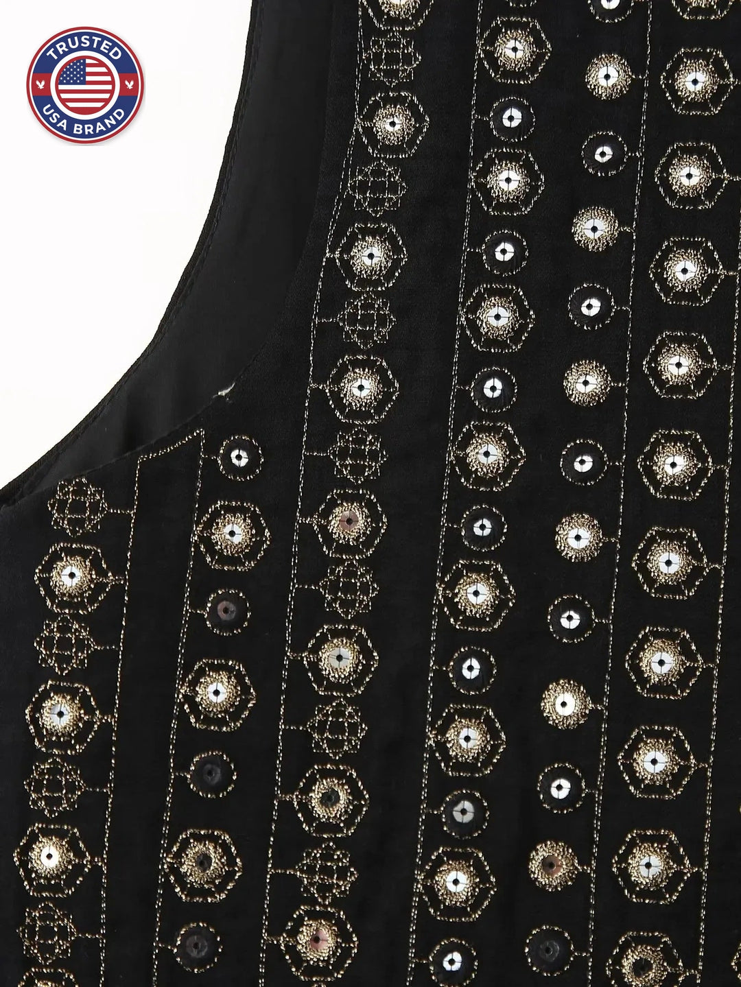 Women's open-front v-neck winter top with mirror work embroidery