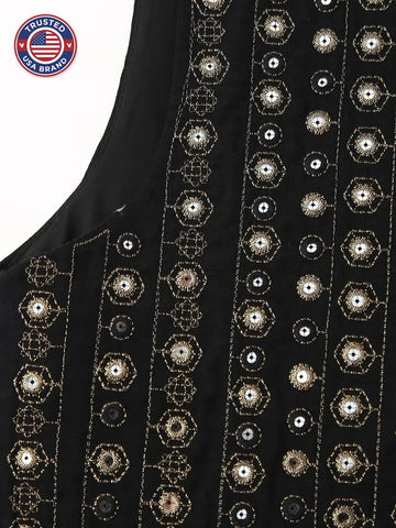 Women's open-front v-neck winter top with mirror work embroidery