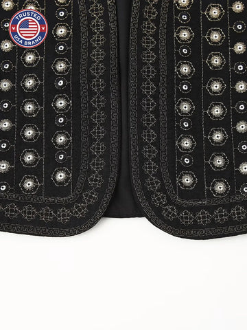 Women's open-front v-neck winter top with mirror work embroidery