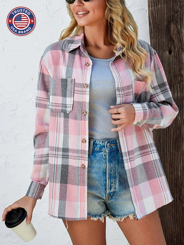 Women's Oversized Plaid Flannel Button-Down Winter Shirt