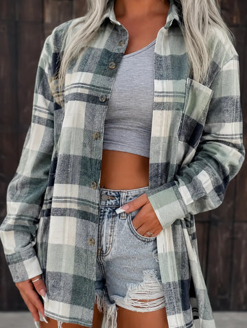 Women's Oversized Plaid Flannel Button-Down Winter Shirt
