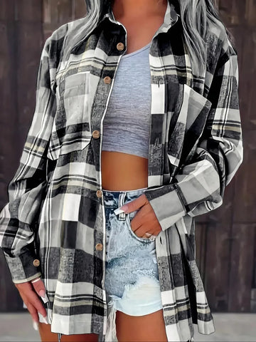 Women's Oversized Plaid Flannel Button-Down Winter Shirt