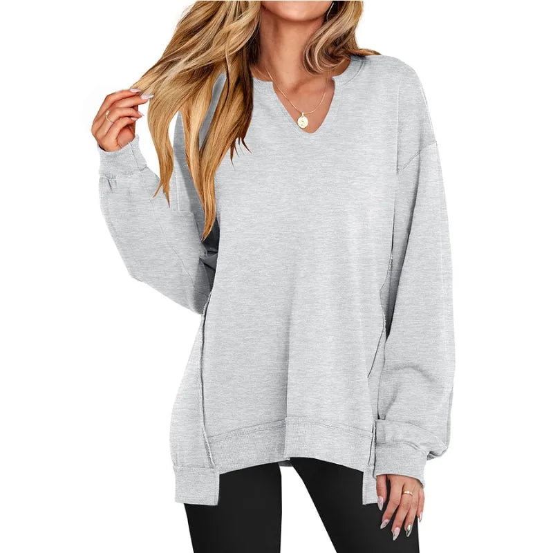 Women's Oversized V-Neck Winter Sweatshirt Tunic Long Sleeve